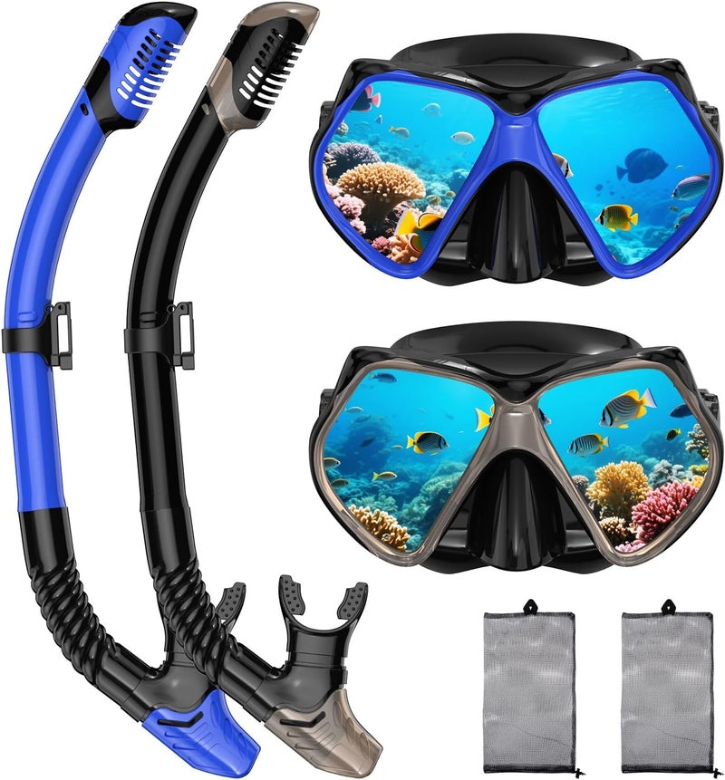 Jwintee 2 Pack Snorkeling Gear for Adults, Dry Snorkel, Mask Set Adult, Diving Scuba Mask, Scuba Gear, Swimming Goggles with Nose Cover, Swim Freediving Tempered Glass Panoramic View Travel Packages - Image 1